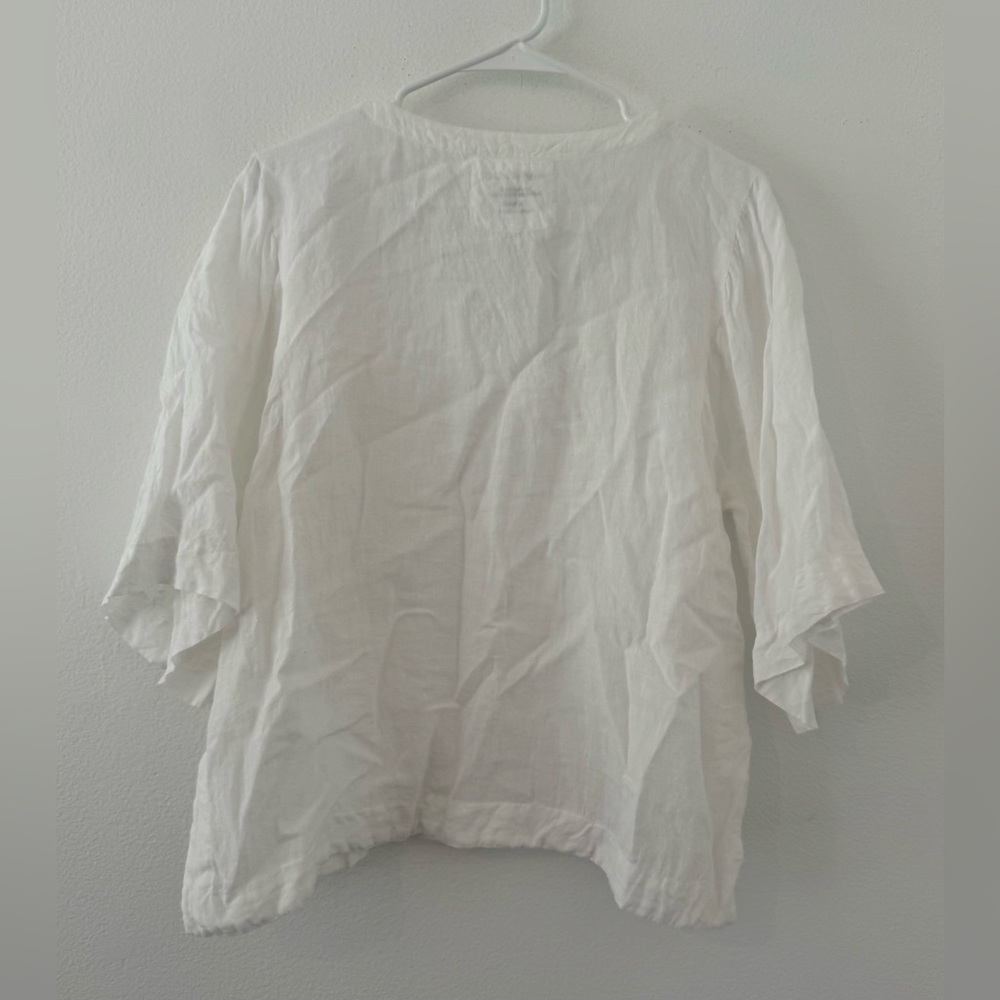 Karyn Seo Roxy Tonal Floral Embroidered V-Neck Linen Elbow Sleeve Boxy Top Small - Picture 2 of 11